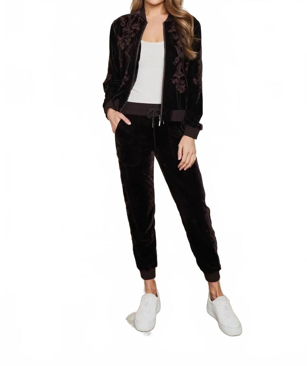 NEW PAPARAZZI velvet embroidered bomber jacket in coffee